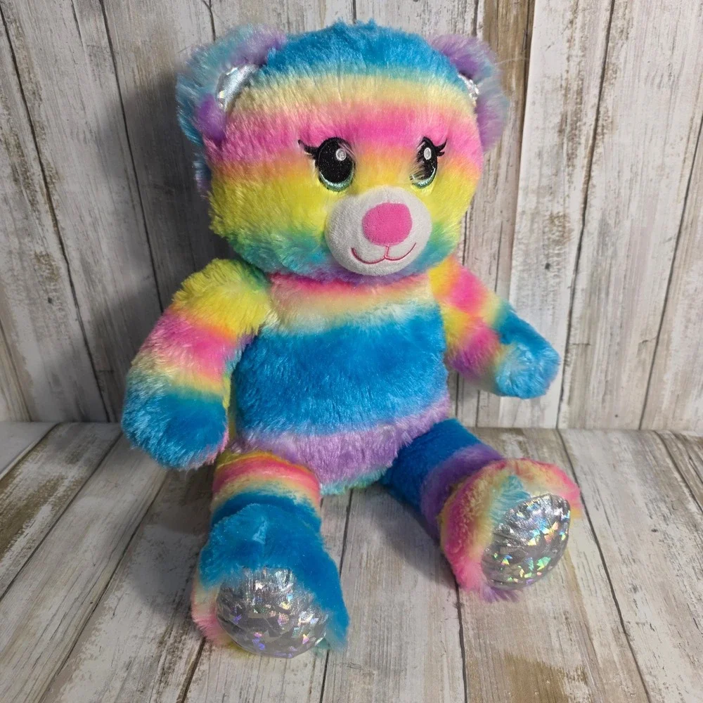 Build-A-Bear Workshop Rainbow Striped Teddy Bear Glitter Eyes Holographic 16in